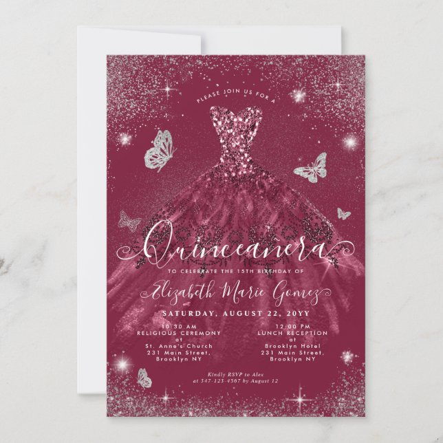 Invitation Glam Burgundy Rouge Argent Parties scintillant Gow (Devant)