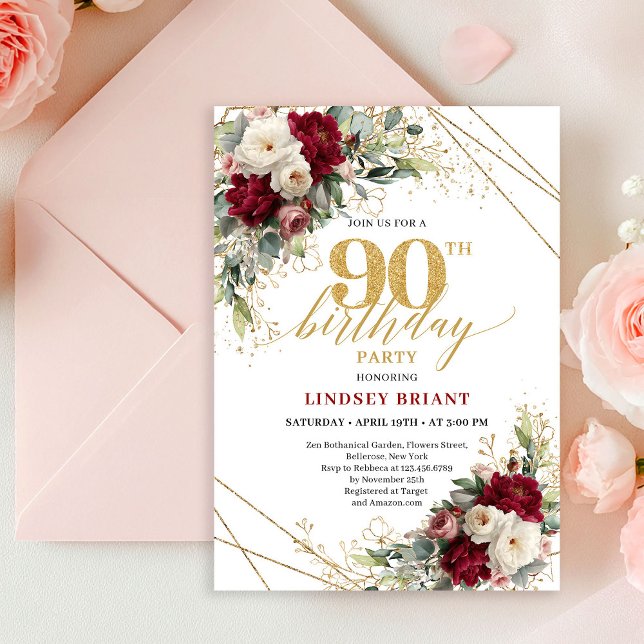 Invitation Glam Burgundy White Rose Gold 90th Birthday Invite (Glam Burgundy White Rose Gold 90th Birthday Invitation)