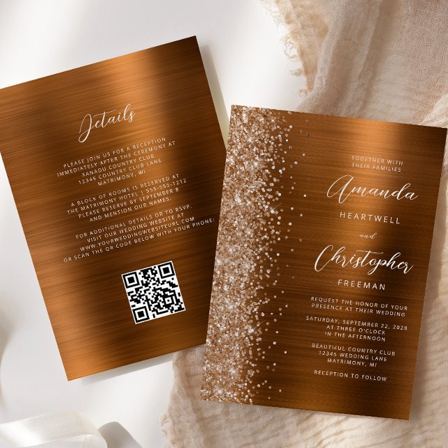 Invitation Glam Burnt Orange Brushed Metal QR Code Wedding (Créateur téléchargé)