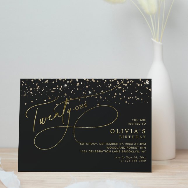 Invitation Glam Calligraphy Black Gold Confetti 21e anniversa (Créateur téléchargé)