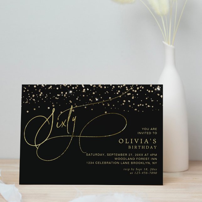 Invitation Glam Calligraphy Black Gold Confetti 60e anniversa (Créateur téléchargé)