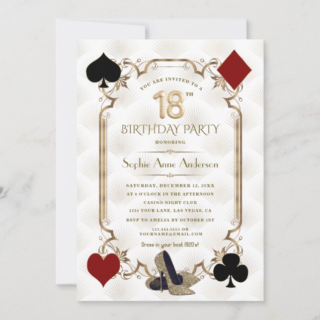 Invitation Glam Casino Night Gold Art Deco 18th Birthday  (Devant)
