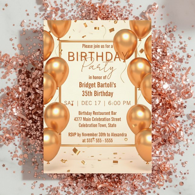 Invitation Glam Champagne Gold Balloons and Confetti Birthday (Créateur téléchargé)