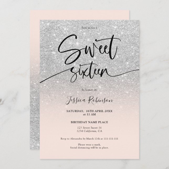 Invitation Glam chic argent parties scintillant ombre girly r (Devant / Derrière)
