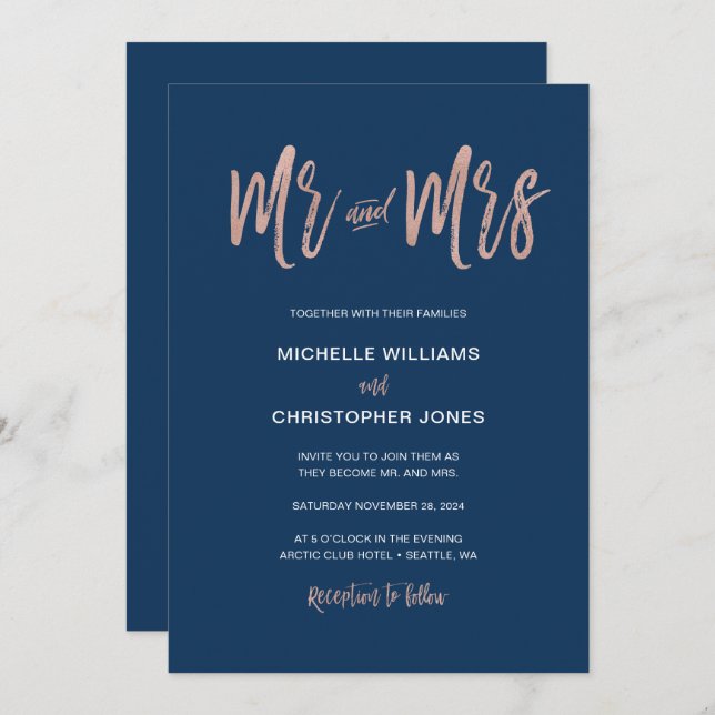 Invitation Glam Chic Marine & Rose Gold Mr & Mrs Wedding Invi (Devant / Derrière)