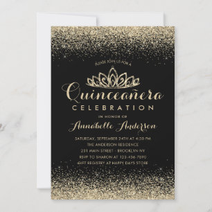 Invitation Glam Classic Black Quinceañera Gold Tiara Parties