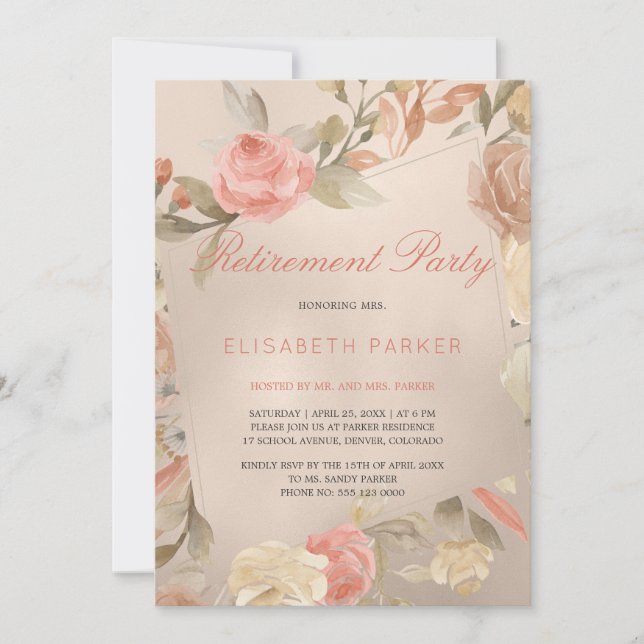 Invitation Glam Coral Gold Floral Retraite Party (Devant)