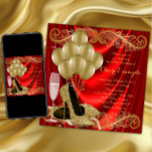 Invitation Glam de fête d'anniversaire des femmes rouge et or<br><div class="desc">Invitation à la fête d'anniversaire rouge et or de femme avec de belles chaussures à talon haute parties scintillant or, ballons d'or, champagne et perles sur un satin rouge glamour et arrière - plan tourbillon or. Cette élégante invitation de fête d'anniversaire rouge et or est facilement customisée pour votre événement...</div>