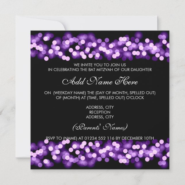 Invitation Glam de Hollywood violet Bat mitzvah (Devant)