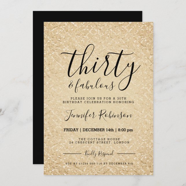 Invitation Glam de la Parties scintillant d'or du 30e anniver (Devant / Derrière)