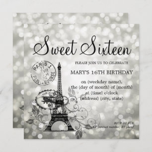 Invitation Glam de Paris romantique en Sweet sixteen d'argent