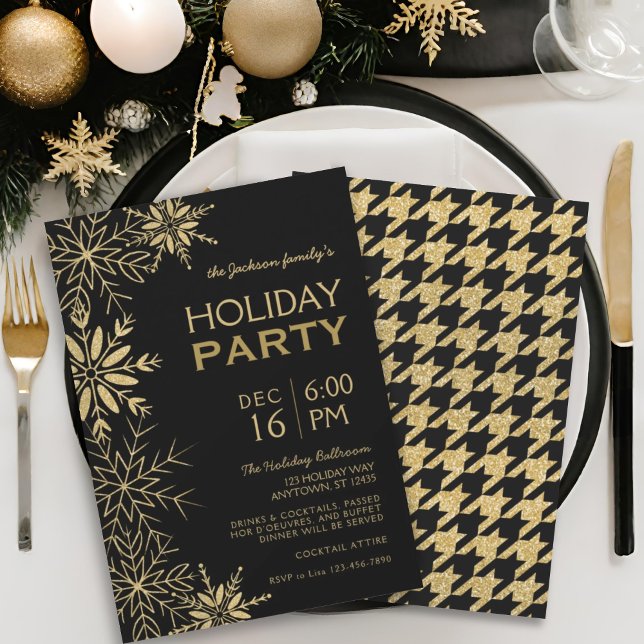 Invitation Glam de vacances Gold & Black Houndstooth & Snowfl (Créateur téléchargé)