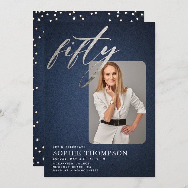 Invitation Glam Denim Diamonds Bleu Blanc 50e Anniversaire Ph (Devant / Derrière)