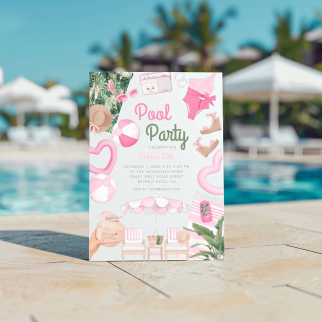 Invitation Glam d'été rose | Pool Party (Créateur téléchargé)