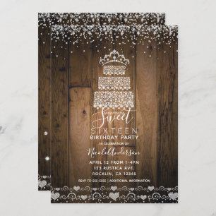 Invitation Glam Diamond Bling Gâteau Tiara Wood Sweet 16 Part