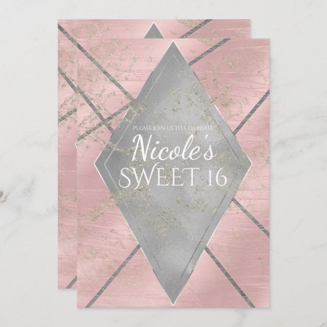 Invitation Glam Diamond Rose Argent Sweet 16 TOUTE Fête ÉVÉNE (Devant / Derrière)