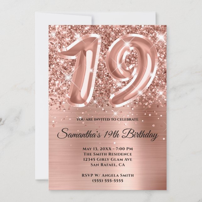 Invitation Glam doré Rose de la Glitterie Sparkly 19e anniver (Devant)