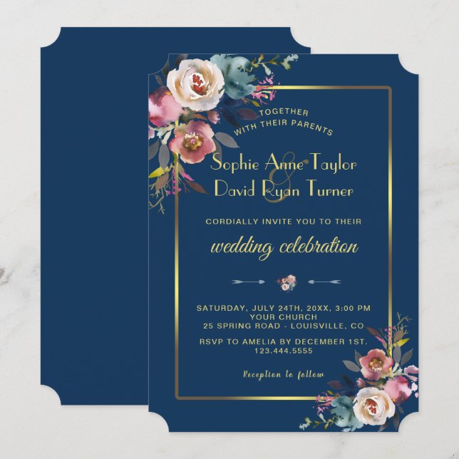 Invitation Glam Dusty Blue Floral Golden Frame Mariage (Devant / Derrière)