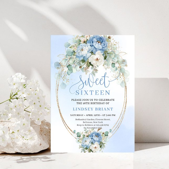 Invitation Glam Dusty Blue Peony Gold Sweet Sixteen Invite (Glam Dusty Blue Peony Gold Sweet Sixteen Invite)