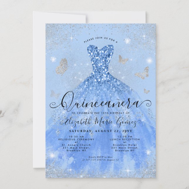 Invitation Glam Dusty Blue Silver Parties scintillant Gown Qu (Devant)
