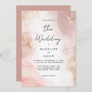 Invitation Glam Dusty rose Aquarelle or Mariage d'encre fluid