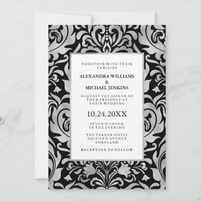 Invitation Glam Elegant Luxe Silver Damask sur Mariage noir (Devant)