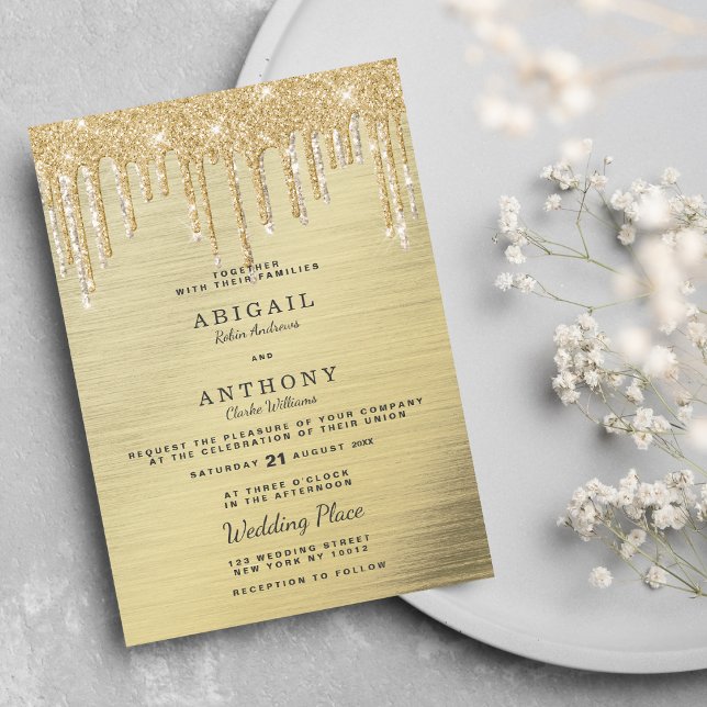 Invitation Glam élégante parties scintillant or gouttes maria (Glam elegant gold glitter drips white wedding)