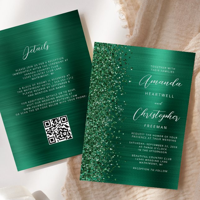 Invitation Glam Emerald Green en métal brossé QR Code Mariage (Créateur téléchargé)