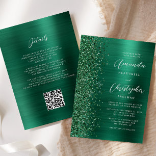 Invitation Glam Emerald Green en métal brossé QR Code Mariage
