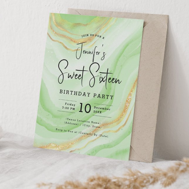 Invitation Glam Emerald Green Marble Parties scintillant Swee (Glam Emerald Green Marble Glitter Sweet 16 Party Invitation)