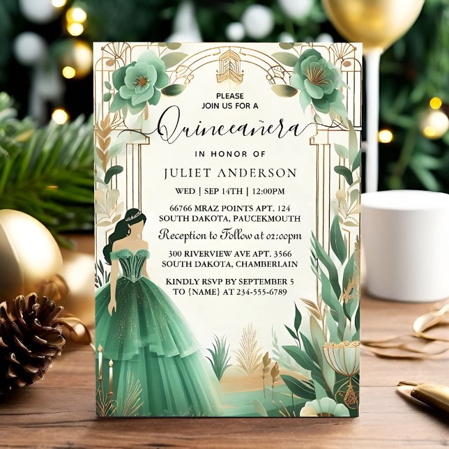 Invitation Glam Emerald Green Quinceanera (Créateur téléchargé)