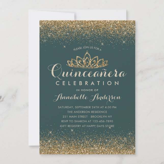 Invitation Glam Emerald Green Quinceañera Gold Tiara Parties  (Devant)