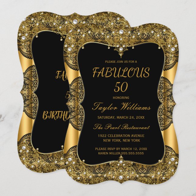 Invitation Glam Fabuleux Fête 50 Noir Dentelle Perle Or (Devant / Derrière)
