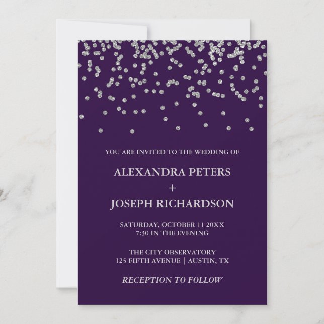 Invitation Glam Faux Confetti en argent et Mariage profond vi (Devant)
