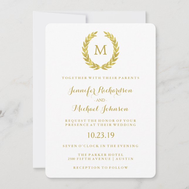 Invitation Glam Faux Gold Foil Laurel Wreath Monogram Mariage (Devant)