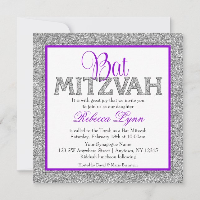 Invitation Glam Faux Pailleté Argent Violet Bat Mitzvah (Devant)