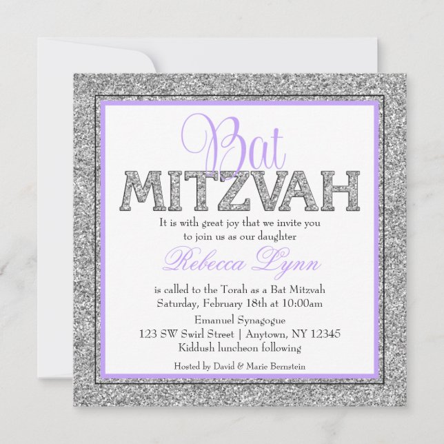 Invitation Glam Faux Parties scintillant Bat mitzvah de lavan (Devant)