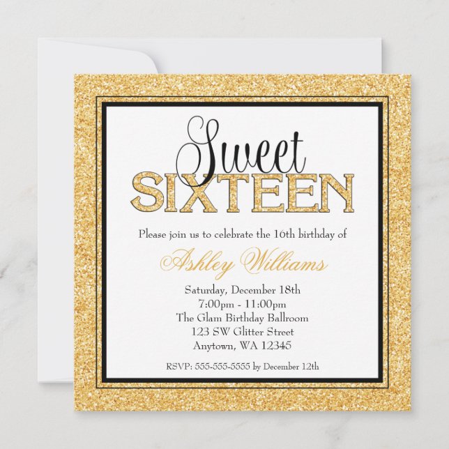 Invitation Glam Faux Parties scintillant Gold Black Sweet 16 (Devant)