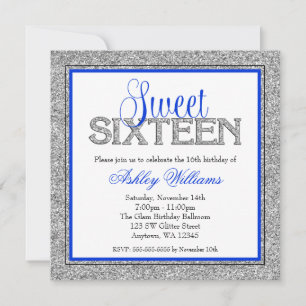 Invitation Glam Faux Parties scintillant Silver Blue Sweet 16