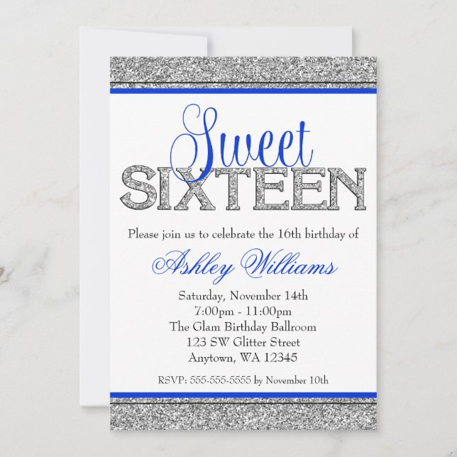 Invitation Glam Faux Parties scintillant Silver Blue Sweet 16 (Devant)