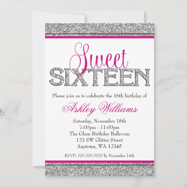 Invitation Glam Faux Parties scintillant Silver Hot Pink Swee (Devant)