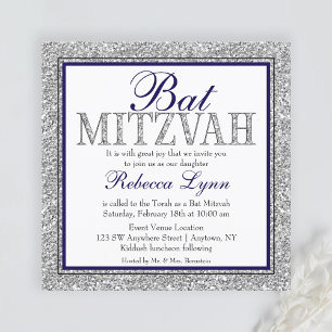 Invitation Glam Faux Parties scintillant Silver Navy Blue Bat