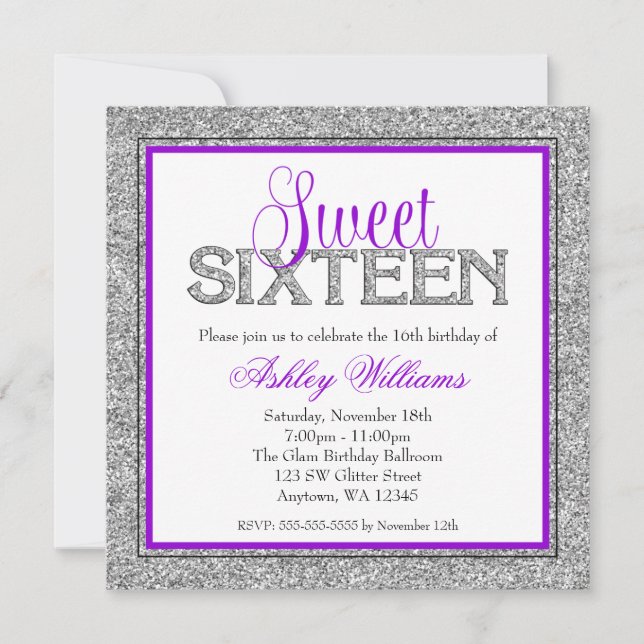 Invitation Glam Faux Parties scintillant Silver Purple Sweet  (Devant)