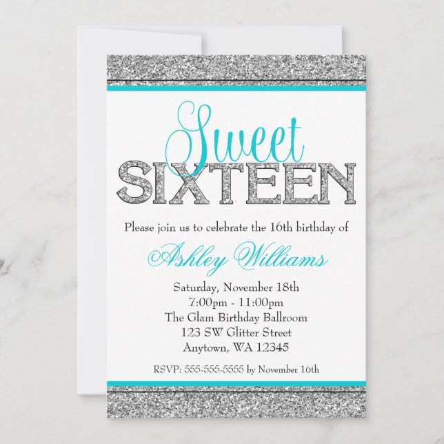 Invitation Glam Faux Parties scintillant Silver Turquoise Blu (Devant)
