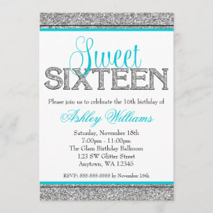 Invitation Glam Faux Parties scintillant Silver Turquoise Blu