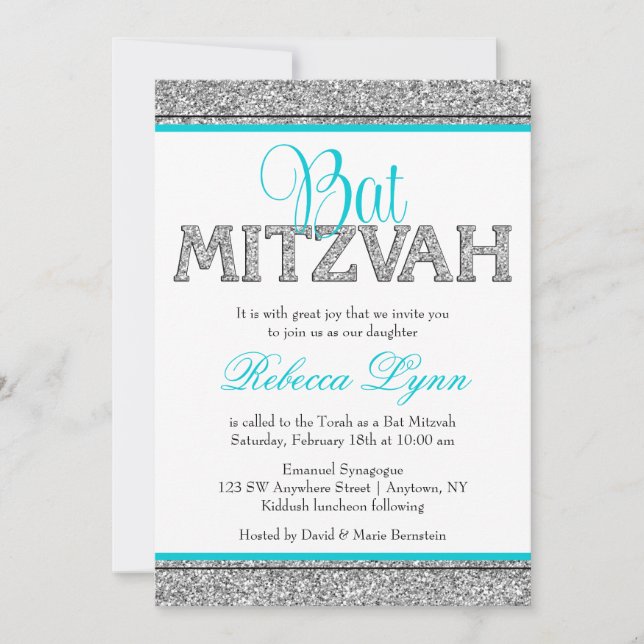Invitation Glam Faux Parties scintillant Silver Turquoise Blu (Devant)