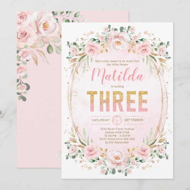 Invitation Glam féminin Blush Floral Pink Gold 3e anniversair (Devant / Derrière)