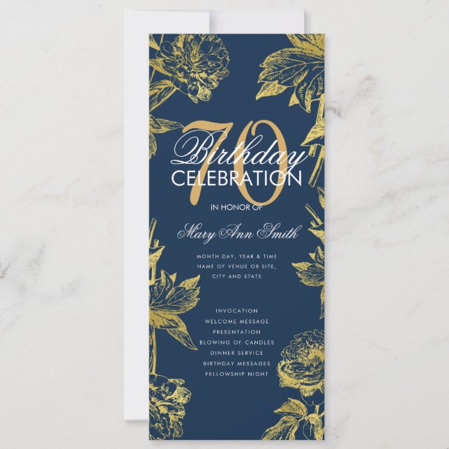 Invitation Glam Floral 70th Birthday Program Gold Navy Menu (Devant)