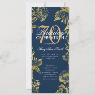 Invitation Glam Floral 70th Birthday Program Gold Navy Menu