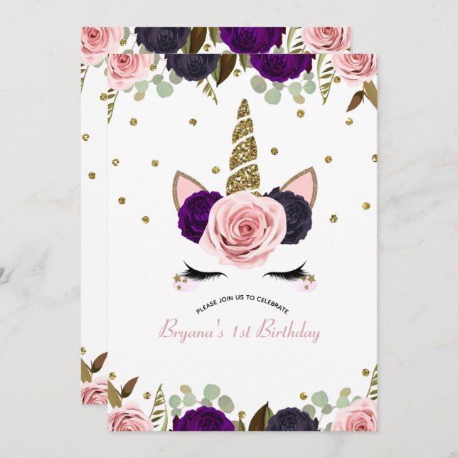 Invitation Glam floral foncé Parties scintillant or Unicorn A (Devant / Derrière)